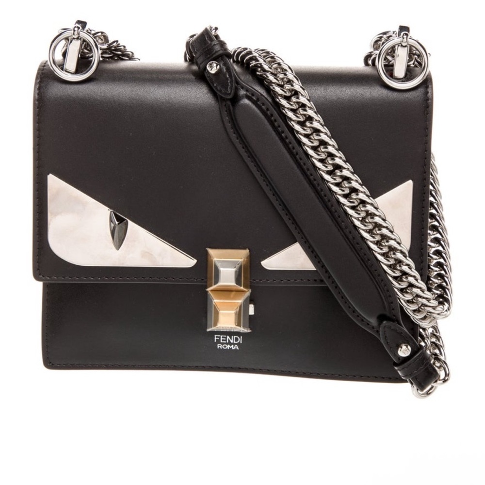 Fendi Vitello Liberty Lucido Metal Monster Eyes Studded Small Kan I Black Silver